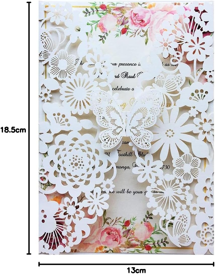 Hochzeit Einladungskarten mit Schmetterling, Spitze und Umschlägen, 20 Stück Leeres Papier Elfenbein
