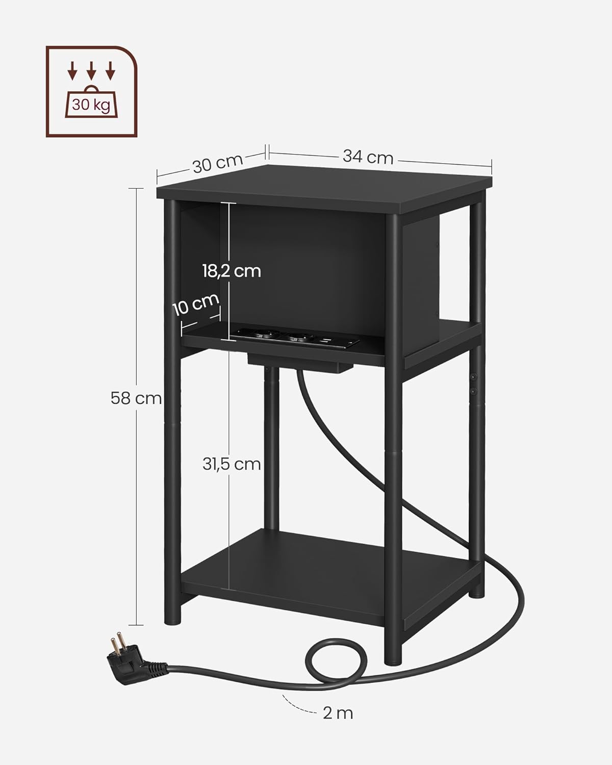 Beistelltisch mit Steckdose und USB-Anschlüssen, Schwarz