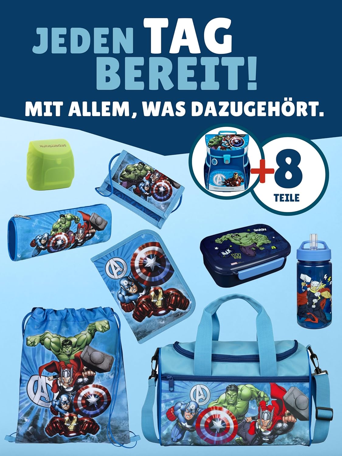 Ergonomisches Schulranzen-Set, 9-teilig, Marvel Avengers, 9-teiliges Set mit Sporttasche