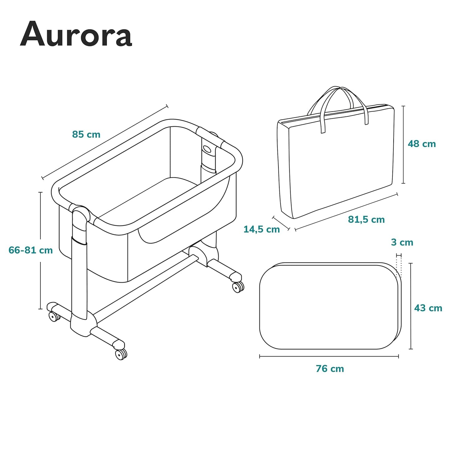 3 in 1 Babybett, Beistellbett und Wiege mit Höhenverstellung, Graphit Large