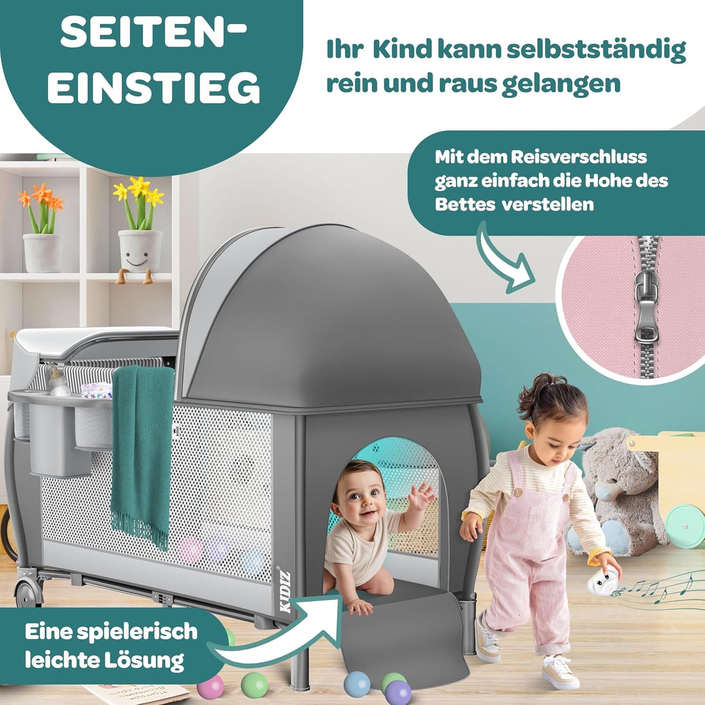 Reise-Kinderbett klappbar mit Matratze & Zubehör, Grau