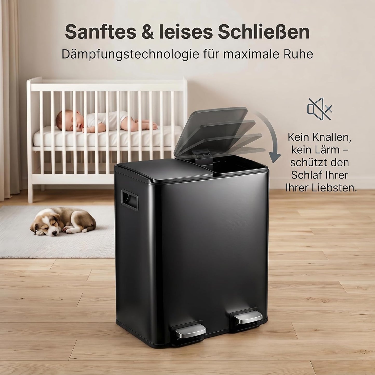 Treteimer mit Mülltrennsystem, Schwarz 48L