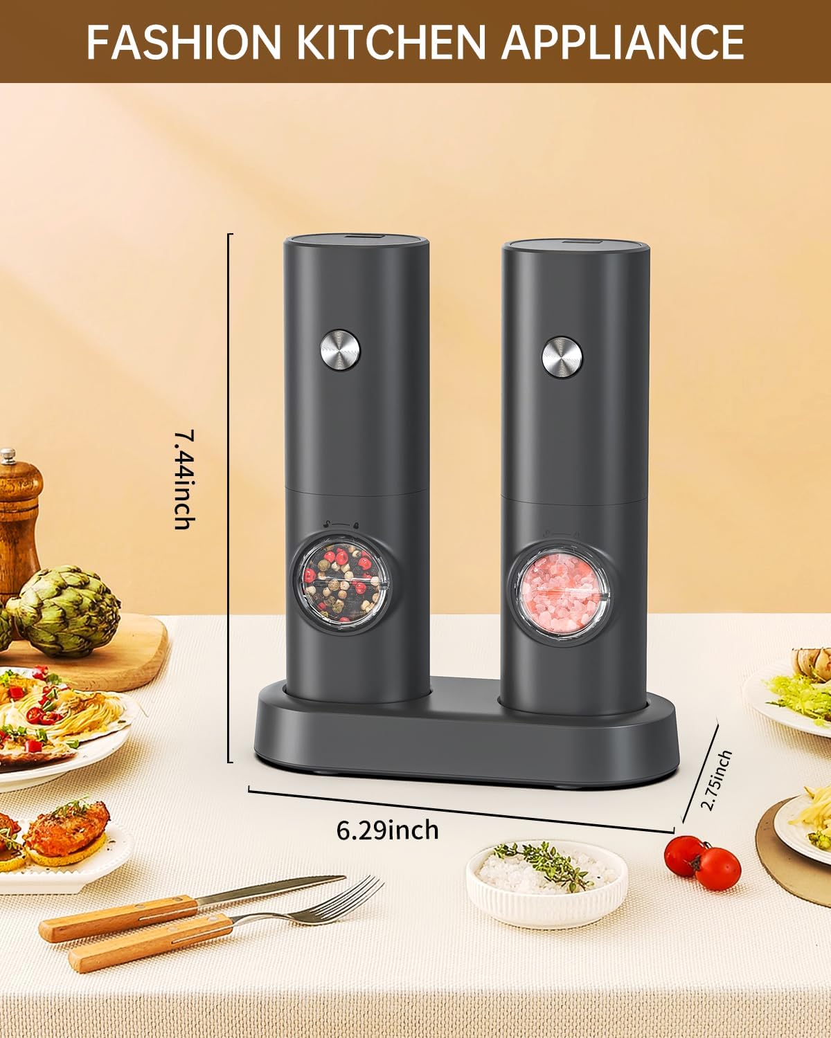 Elektrische Salz- und Pfeffermühlen im 2er-Set, Akkubetriebenes Set mit Sockel - Schwarz (70ml)