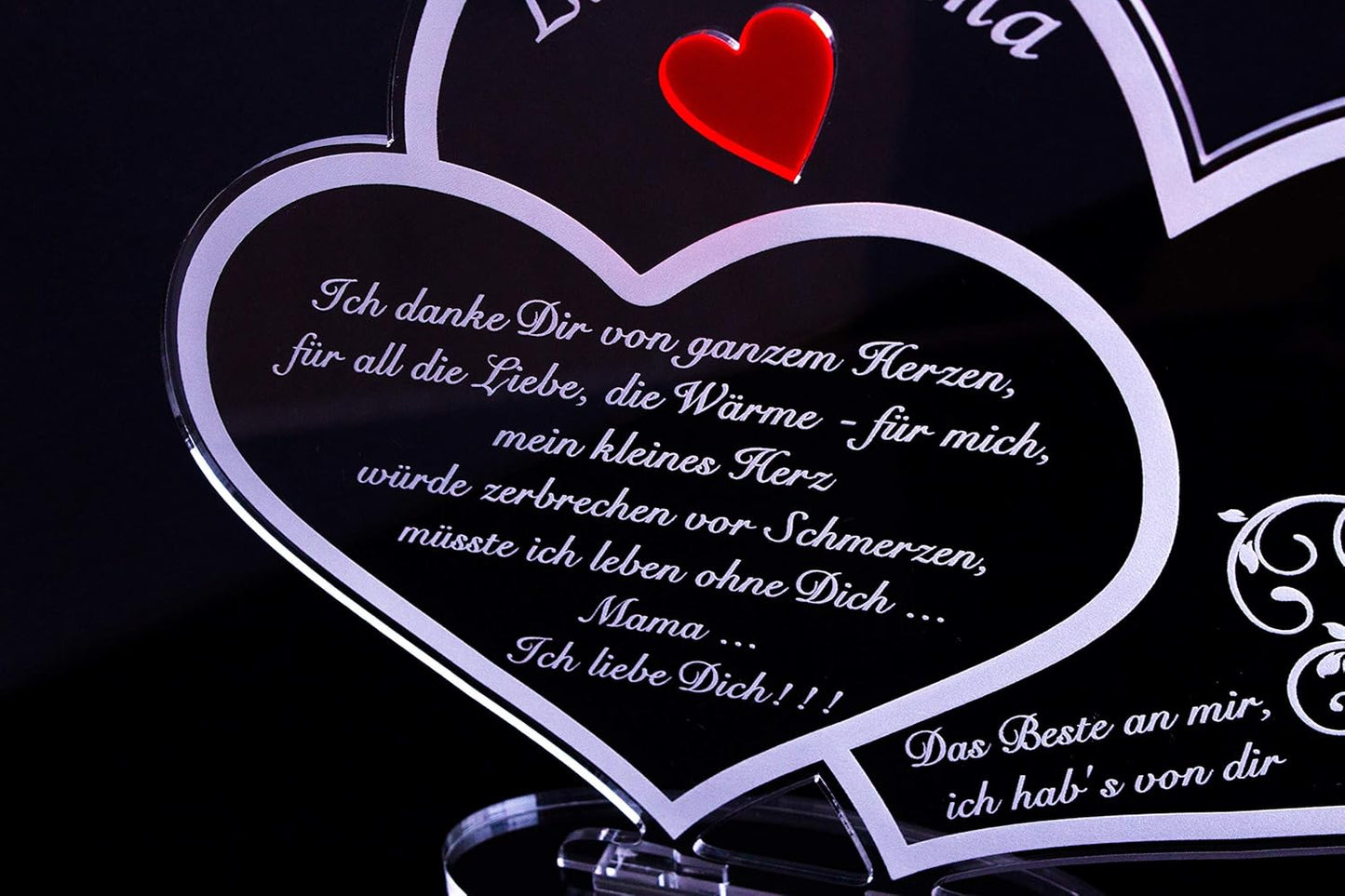 Acryl Doppelherz Schild "Liebe Mama" mit Gravur, Doppelherz-schild Liebe Mama