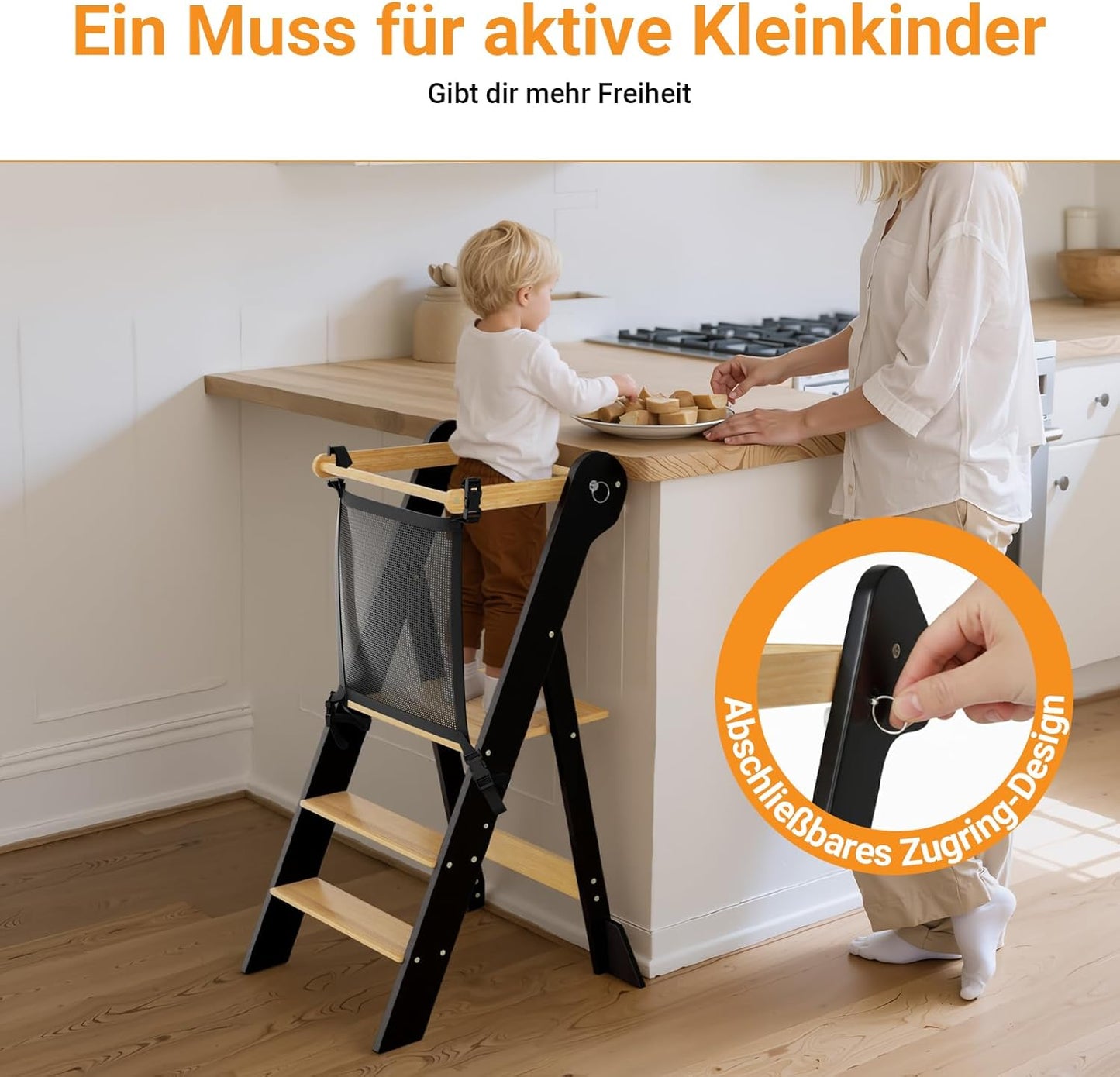 Montessori Lernturm klappbar und höhenverstellbar, L Schwarz & Natur