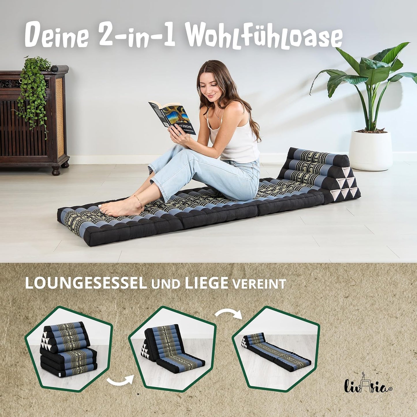 Thaikissen Dreieckskissen mit Klappmatratze, Blau/Elefanten