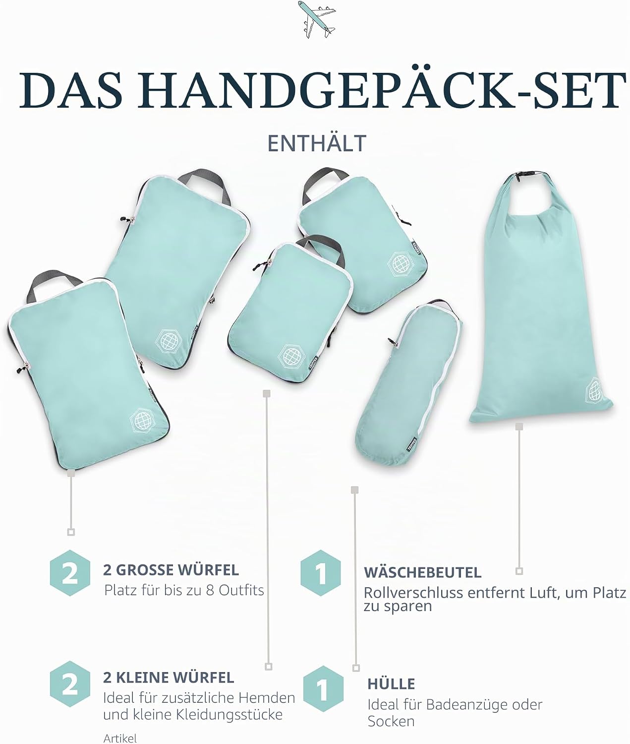 Kompressions-Verpackungswürfel-Set, Dusty Teal und Weiss 6 Stück