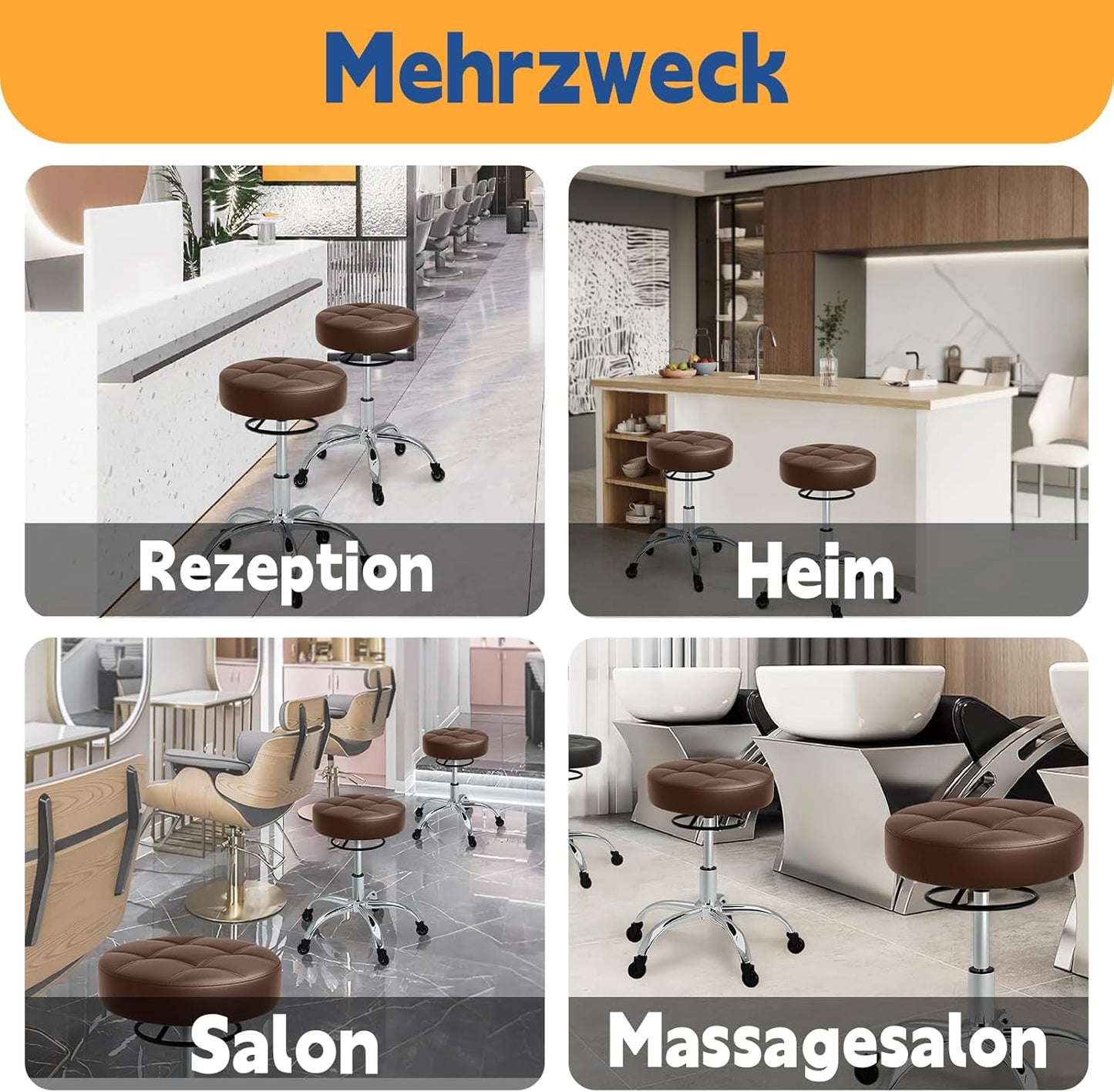 Höhenverstellbarer Rollhocker mit 360° Rollen, Braun