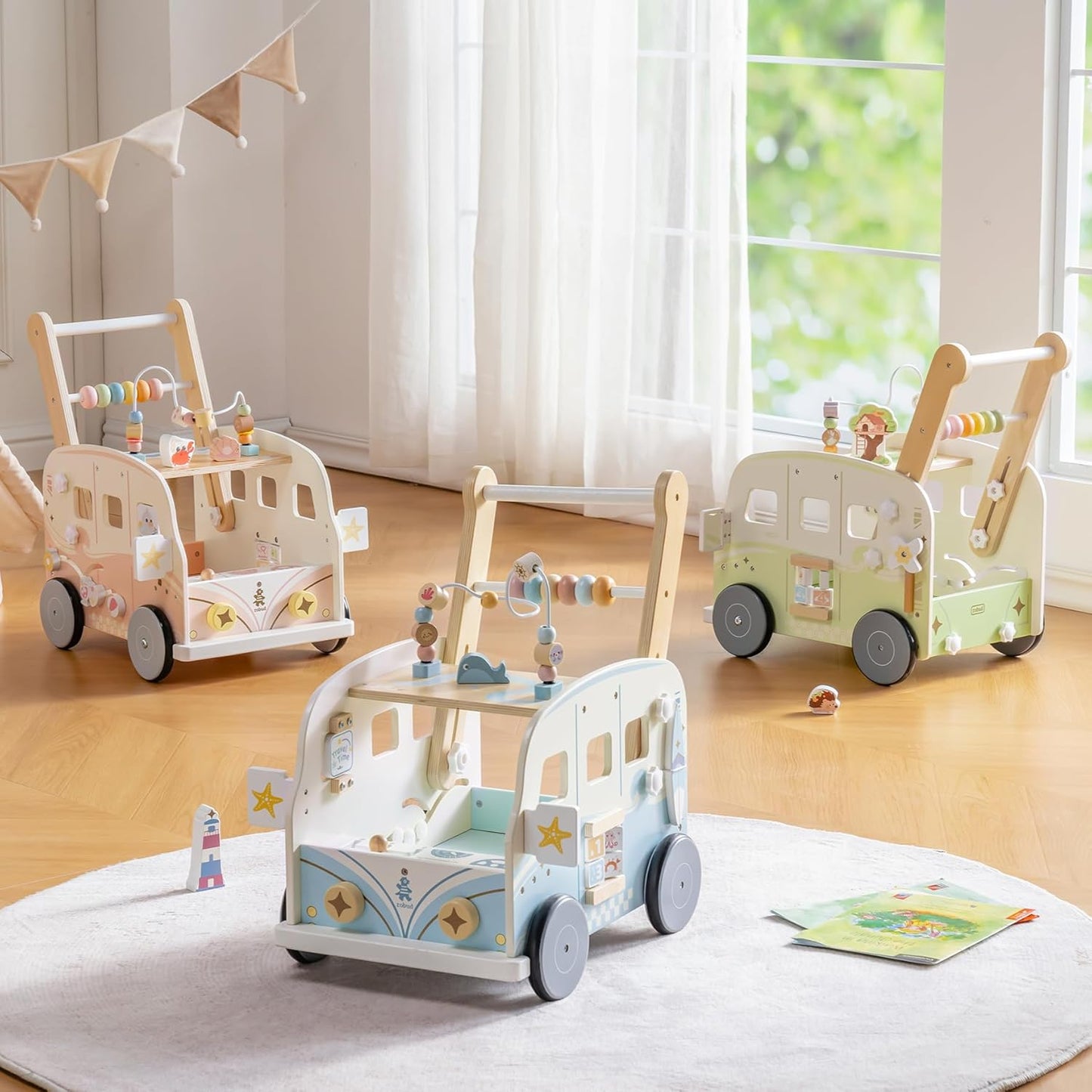 Einstellbarer Baby Lauflernwagen aus Holz, Grün