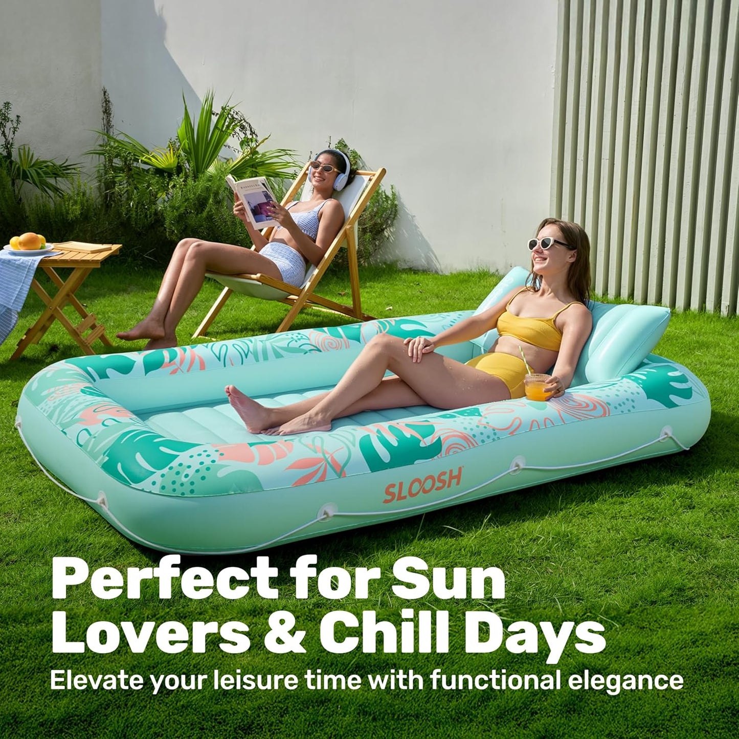 Aufblasbarer 4-in-1 Sonnenliegepool mit Kissen und Getränkehalter, Aquablau Tropisch XL
