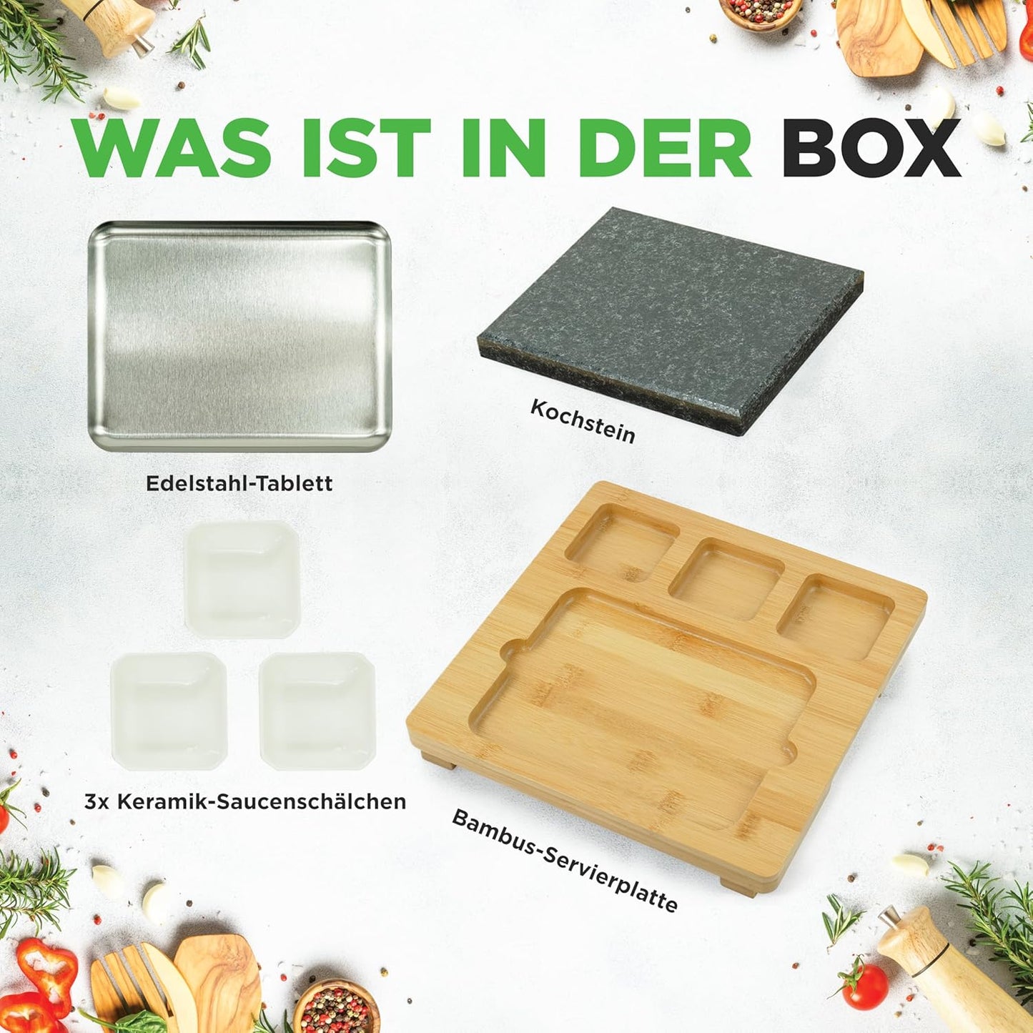Heisser Stein Tischgrill-Set mit Bambus & Keramik, Quadrat