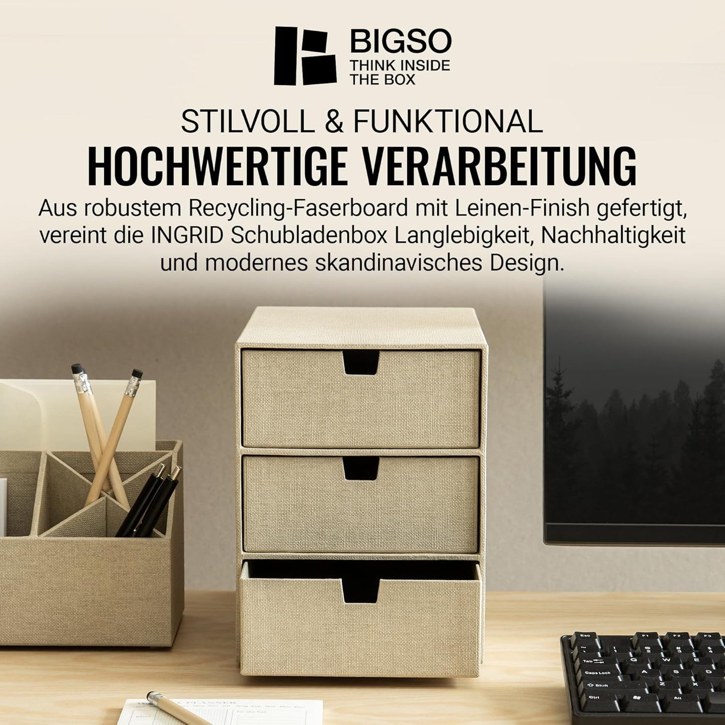 Ingrid Schubladenbox mit 3 Fächern, Beige Leinenoptik