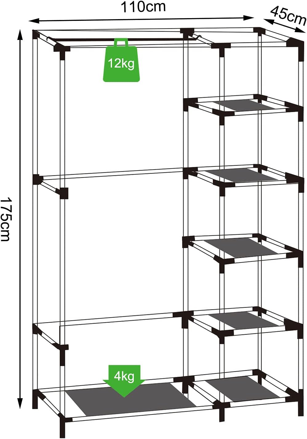 Faltbarer Stoff-Kleiderschrank, 175x110x45 cm Grau