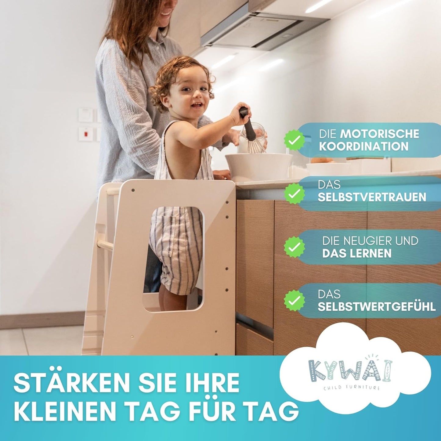 Höhenverstellbarer Lernturm mit Sicherheitsbarriere und Antirutschstreifen, Weiss