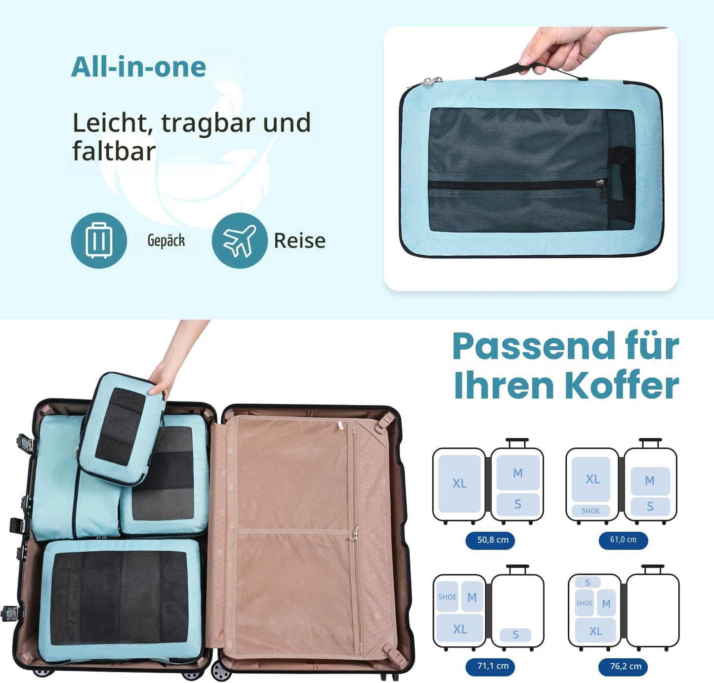 4-teiliges Kompressions-Packwürfel Set, Mint 4 Set