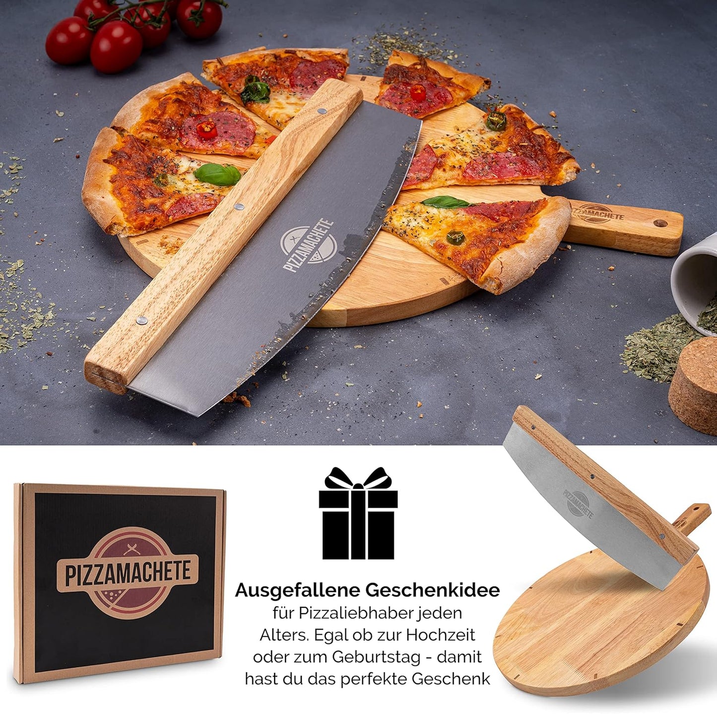 Pizzaschneider-Set mit Wiegemesser und Holzbrett