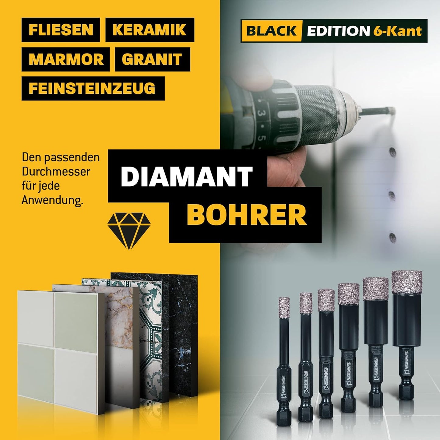 5-teiliges Fliesenbohrerset - Black Edition, Set Ø 5-12 mm (5tlg.) / für Akkuschrauber, Bohrmaschine