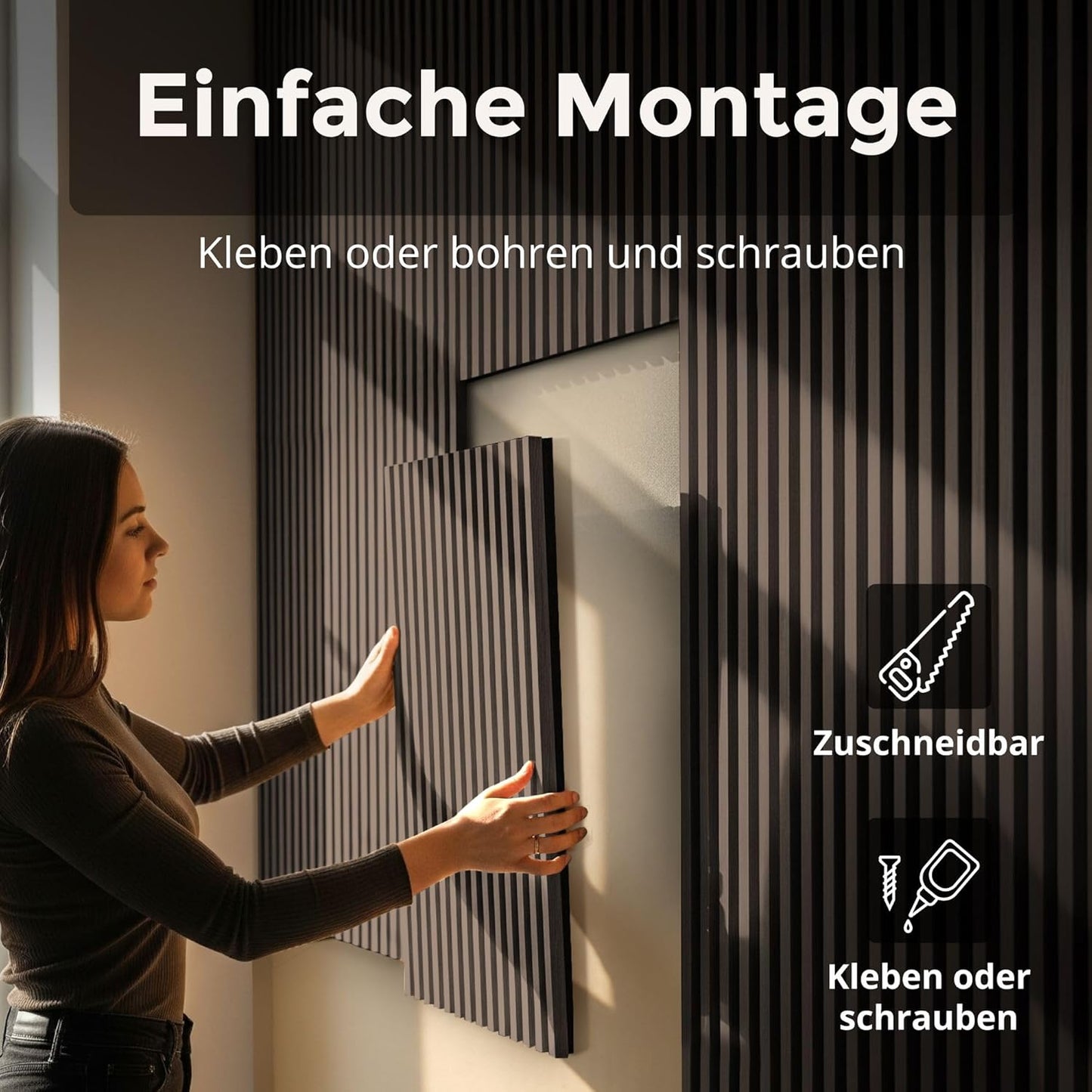 4-teiliges Akustikpaneele Set mit Lamellenwand, 60x60cm, 4 Stück Walnuss
