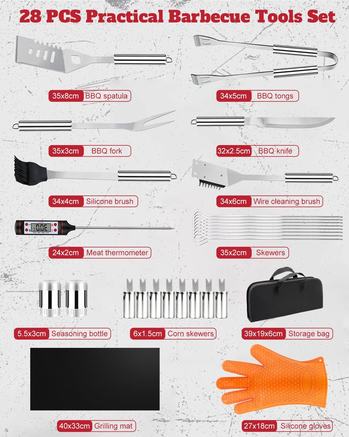 28-teiliges Grillbesteck Set mit Tragetasche, 28 PCS