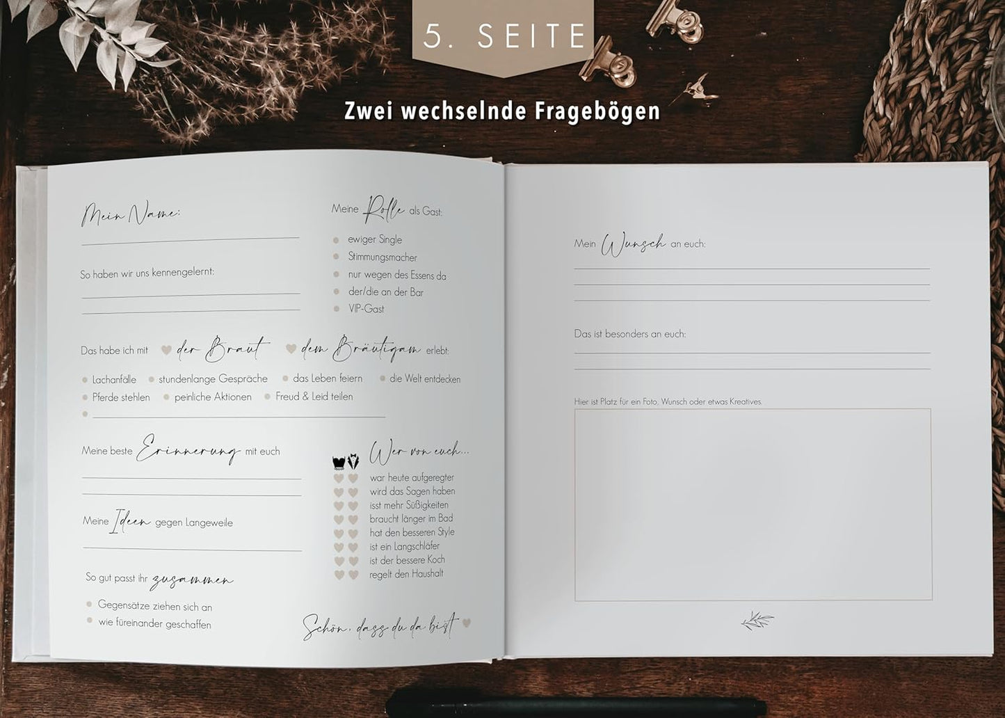 Hochzeit-Gästebuch mit Fragen zum Ausfüllen, mit Fragen Beige