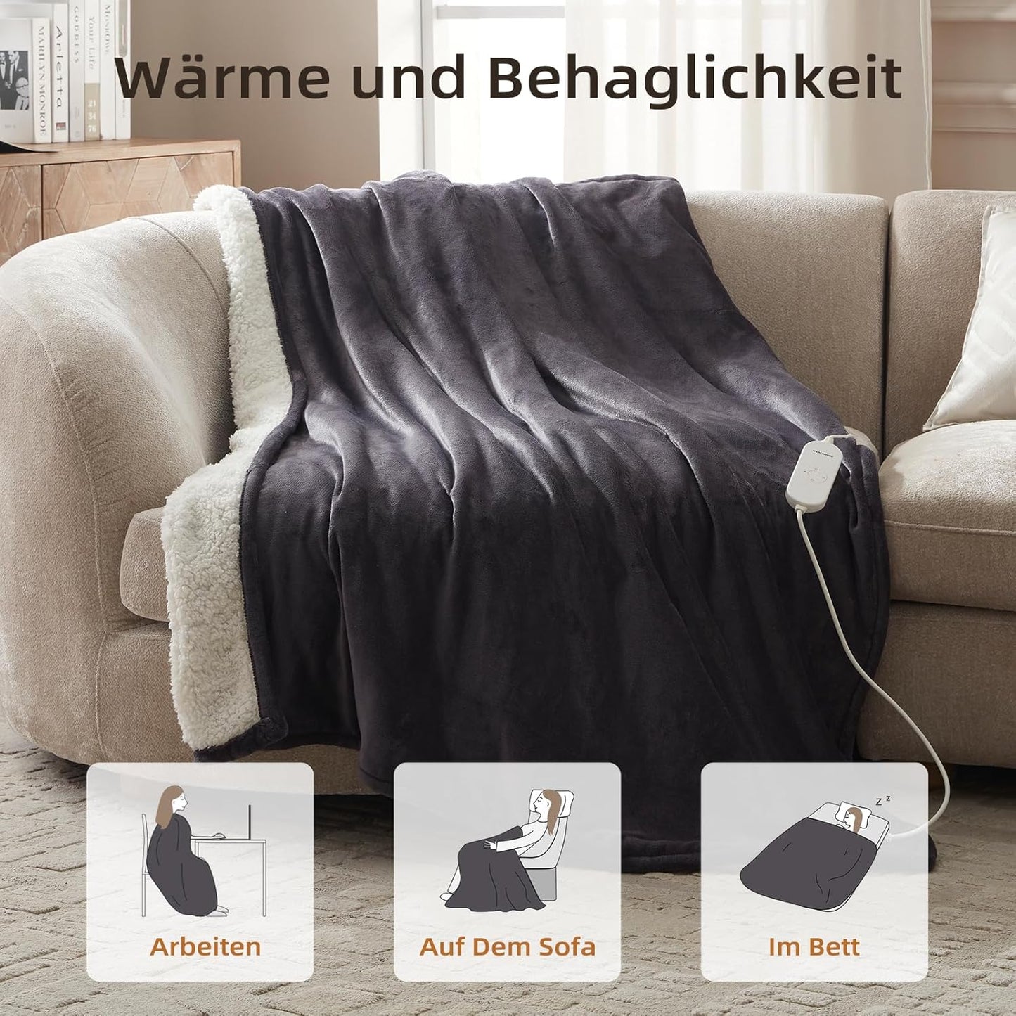 Elektrische Heizdecke mit Abschaltautomatik und Timer, 130x180cm Dunkelgrauer Flanell