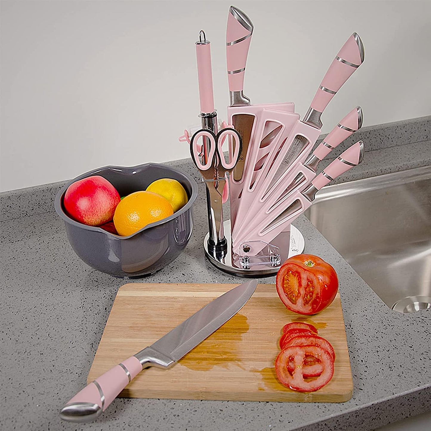 9-teiliges Messerset mit Messerblock und Schärfer, Rosa