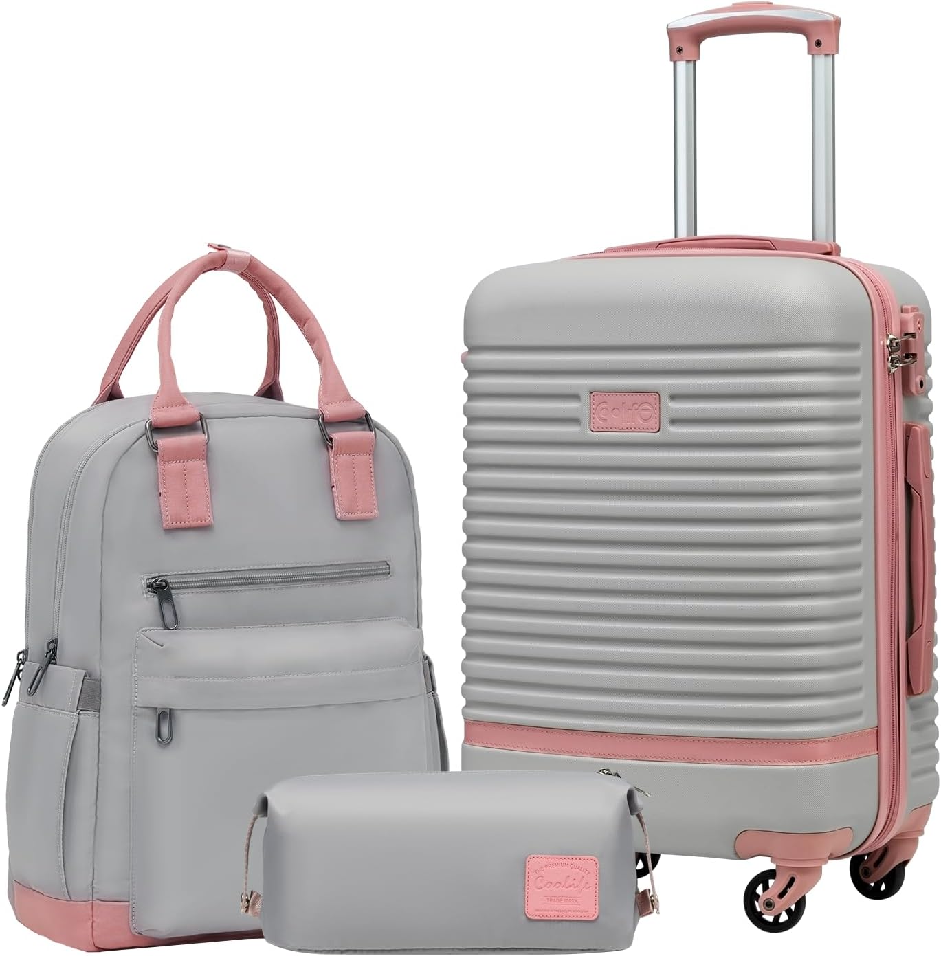 Reisekoffer mit Reiserucksack und Kulturbeutel, Handgepäck-Set 3tlg Grau/Rosa