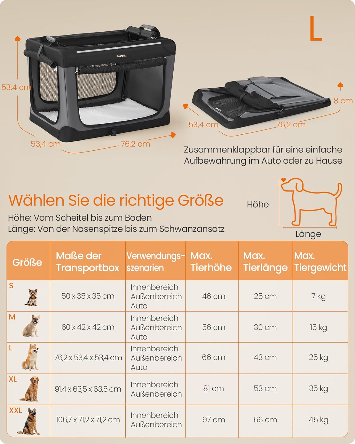 Faltbare Hundetransportbox mit 4 Türen und Taschen, PDC017B01, L 76 x B 53 x H 53 cm
