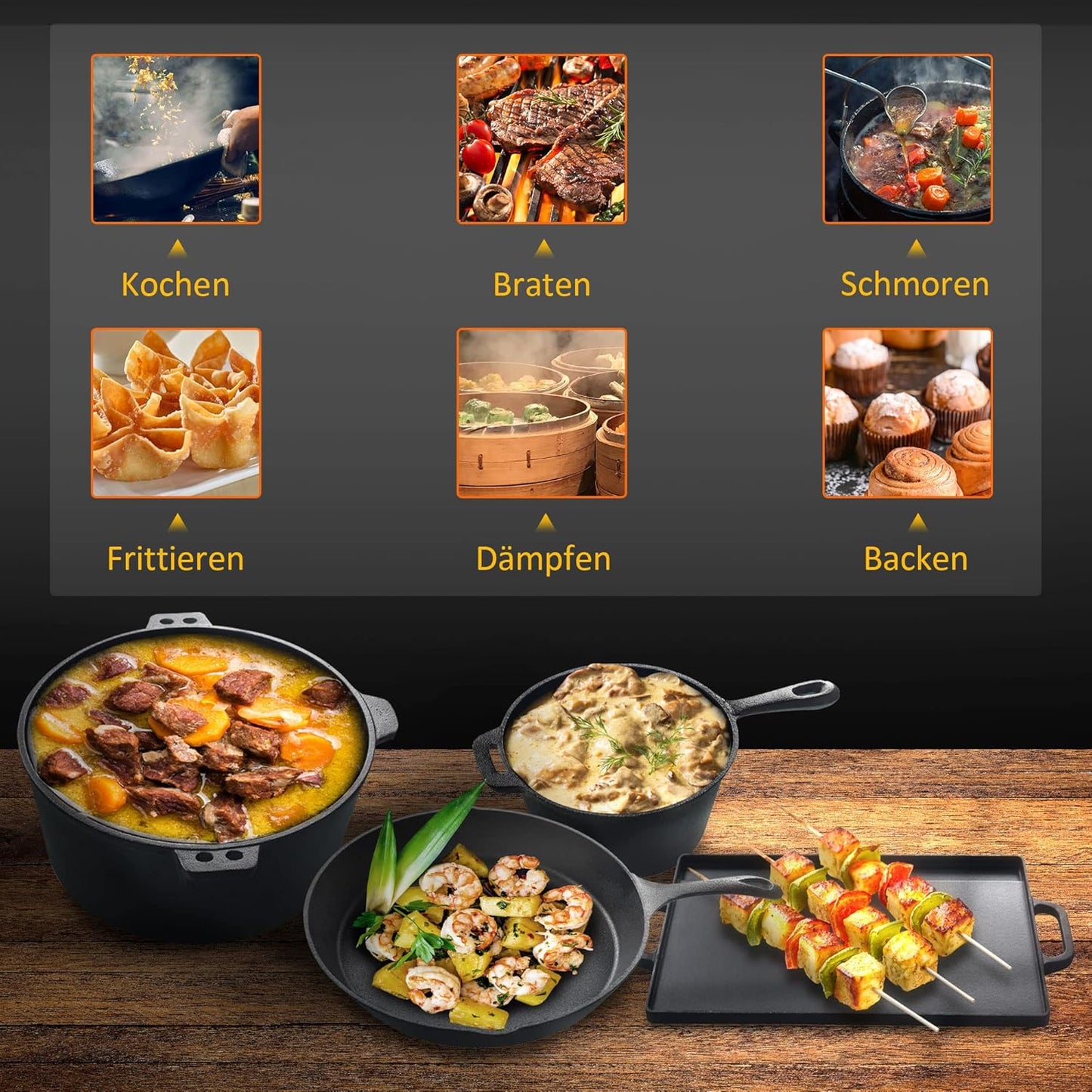 7-teiliges BBQ Dutch Oven Set, Schwarz 7-teiliges Set