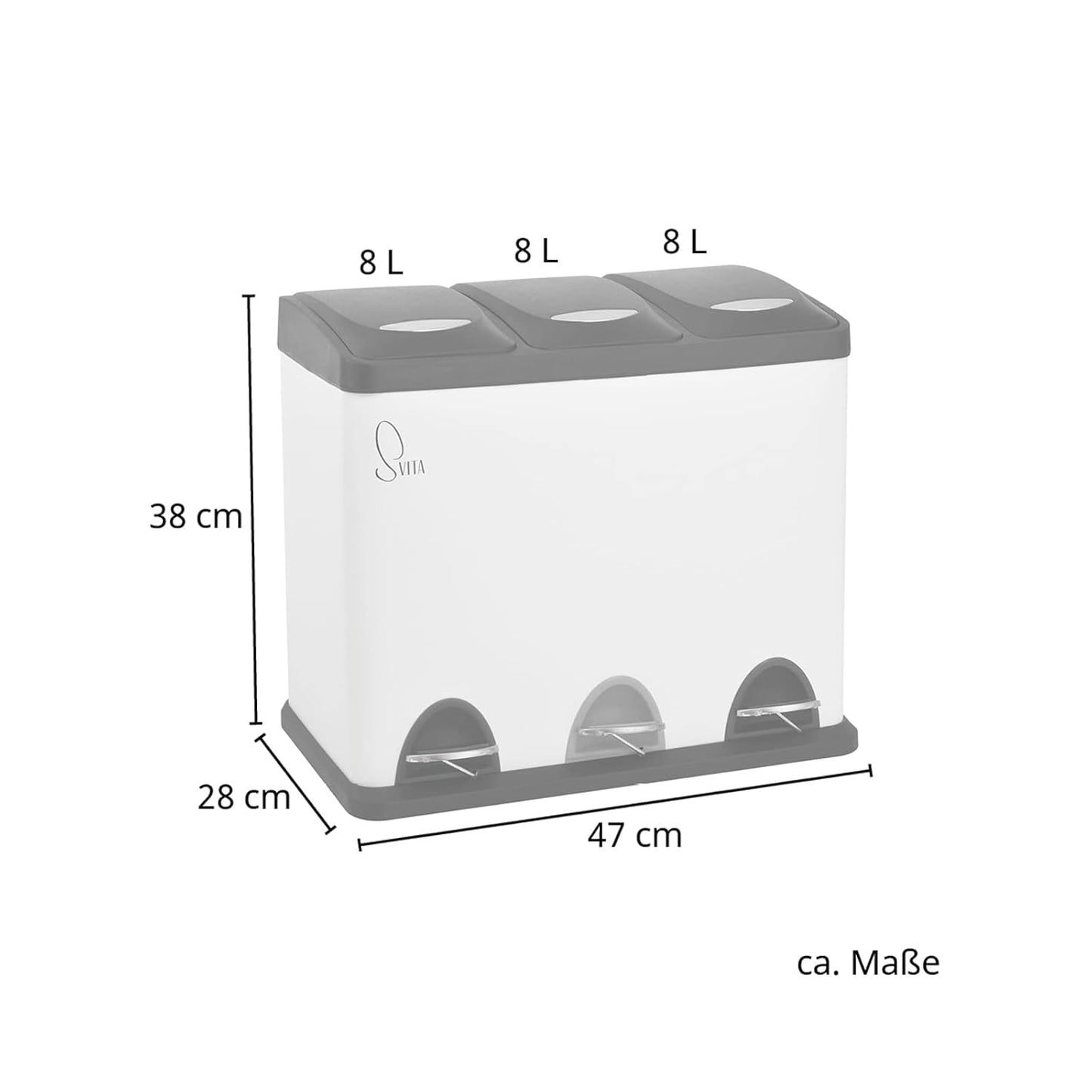 Treteimer mit 3-Fach-Mülltrennsystem, 24 Liter, Weiß