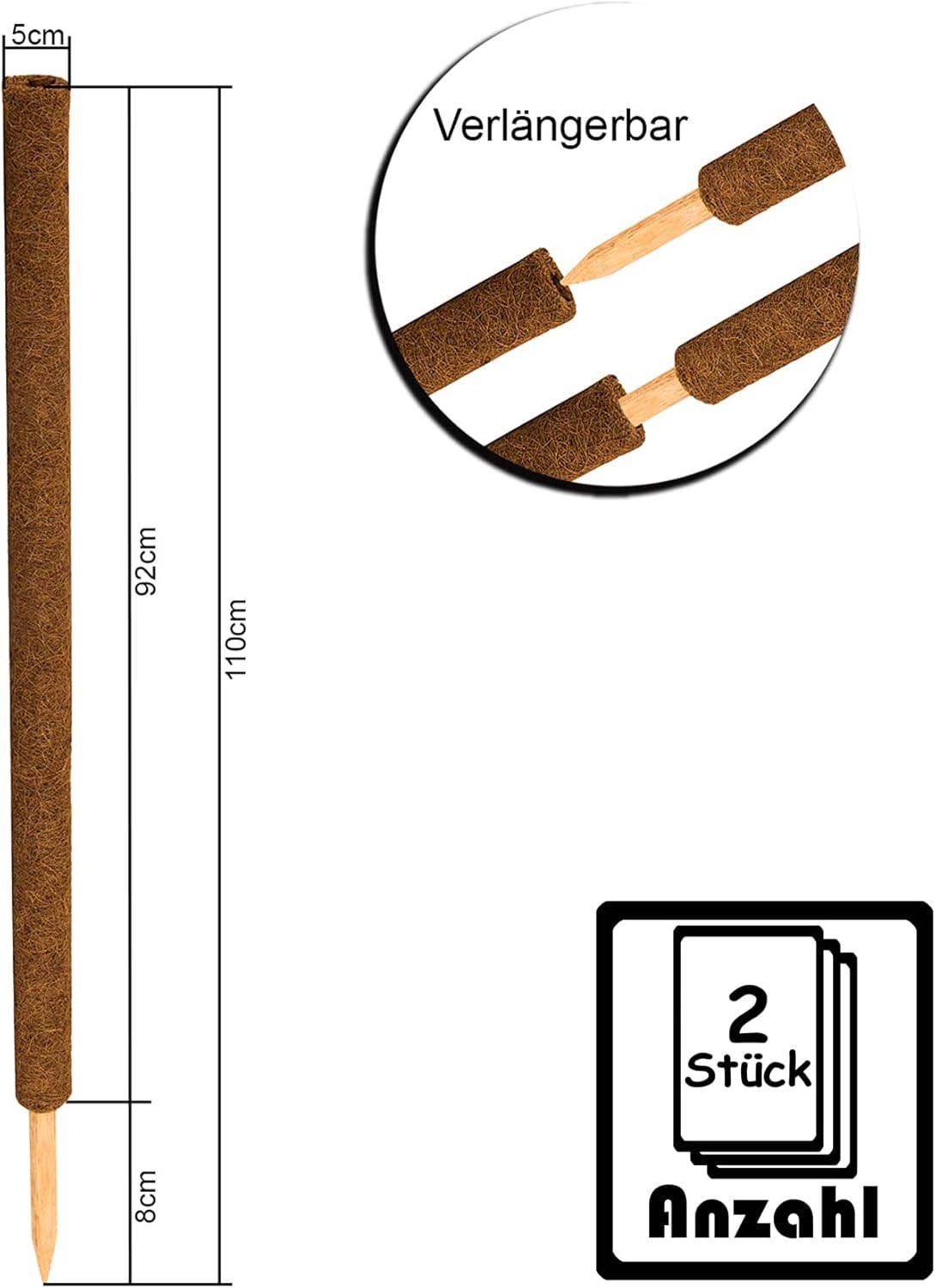 2er-Set Pflanzstäbe aus Kokosfaser, verlängerbar, 2 Stück