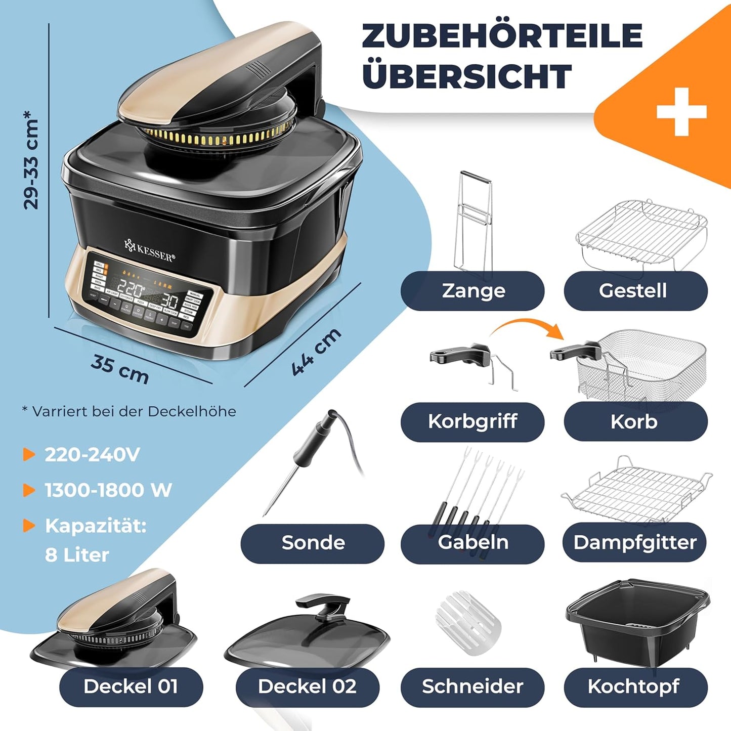 Multikocher mit Heissluftfritteuse, 16 Programme, Champagne