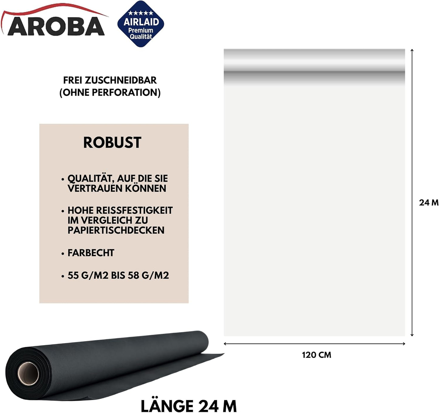 Airlaid Tischdeckenrolle, 2400 x 120 cm (Rechteckig) Schwarz