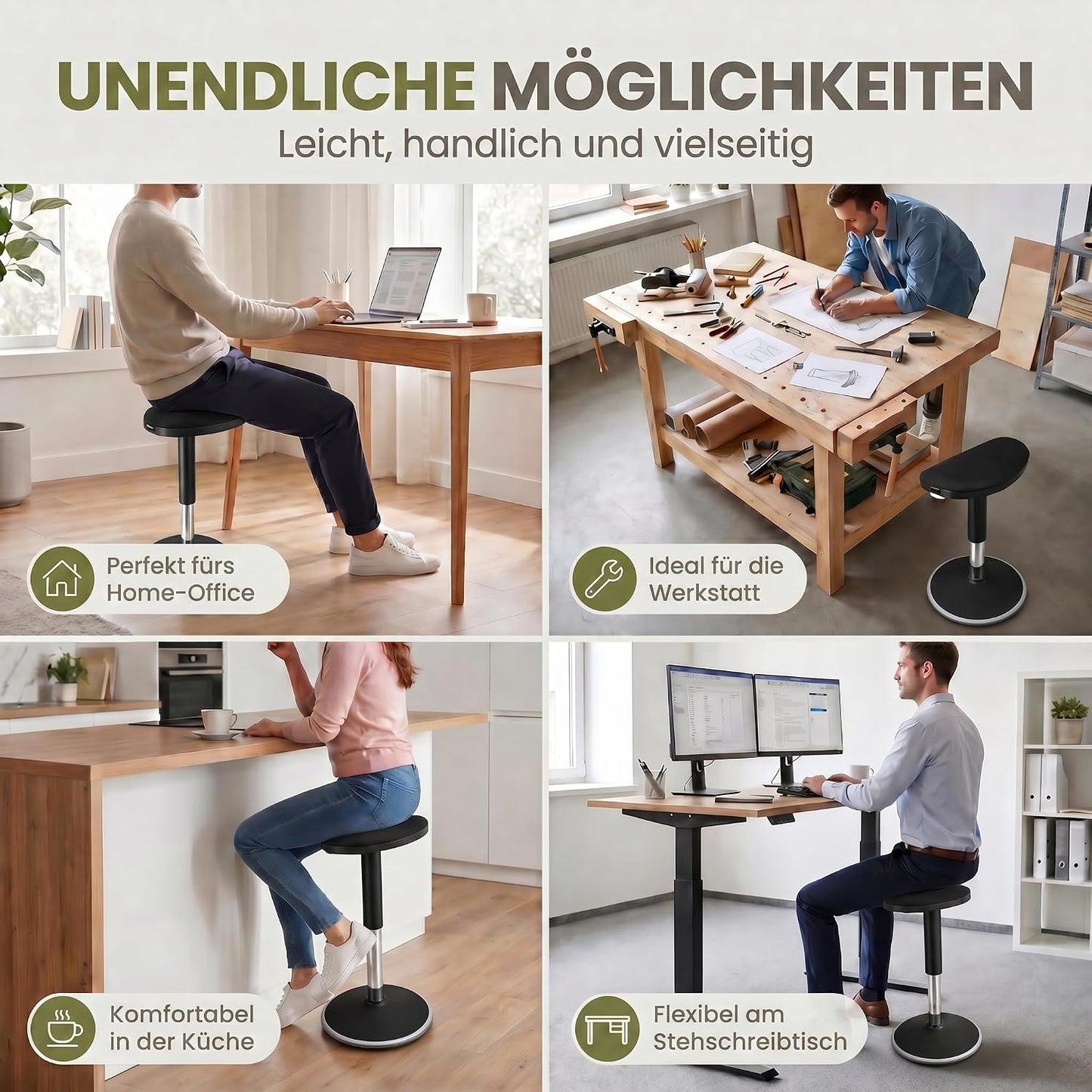 Höhenverstellbarer Stehhocker, Schwarz Large