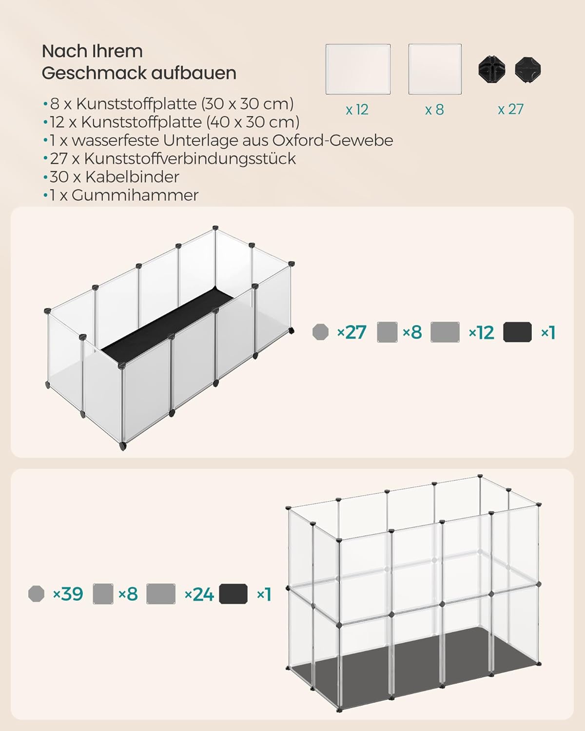 Kleintiergehege mit Bodenplatten, 125 x 63 x 42 cm, 125L x 63B x 42H cm