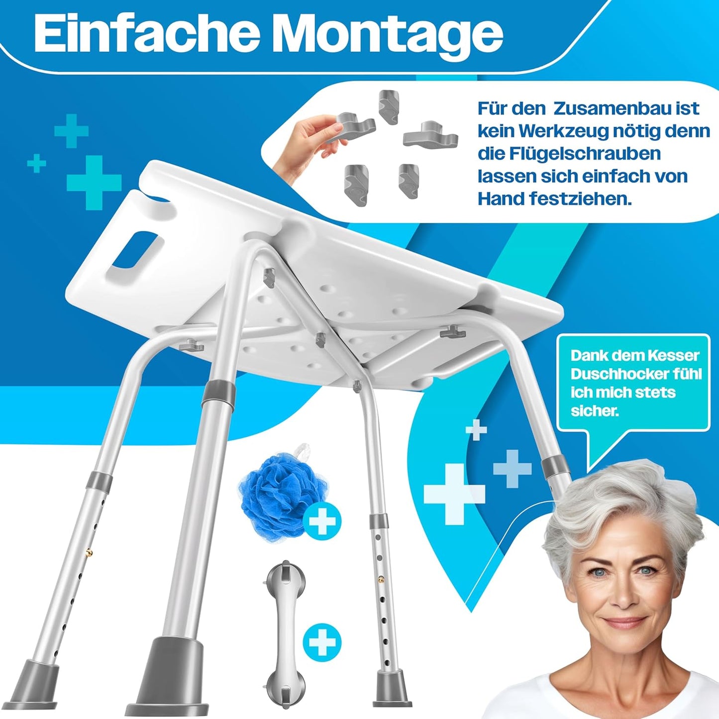 Höhenverstellbarer Duschhocker mit Haltegriff, Weiß / Grau
