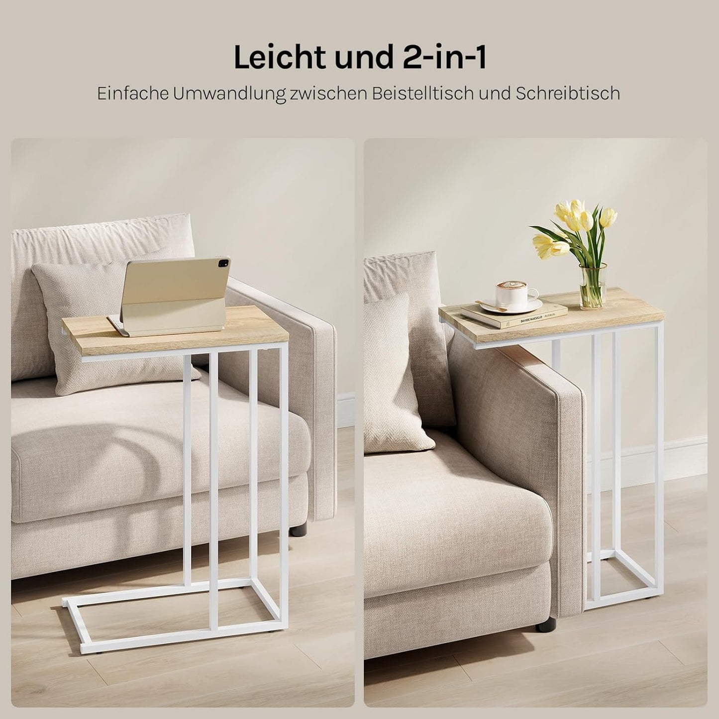 C-förmiger Beistelltisch für Wohnzimmer und Sofa, 1er Set Hell Eiche