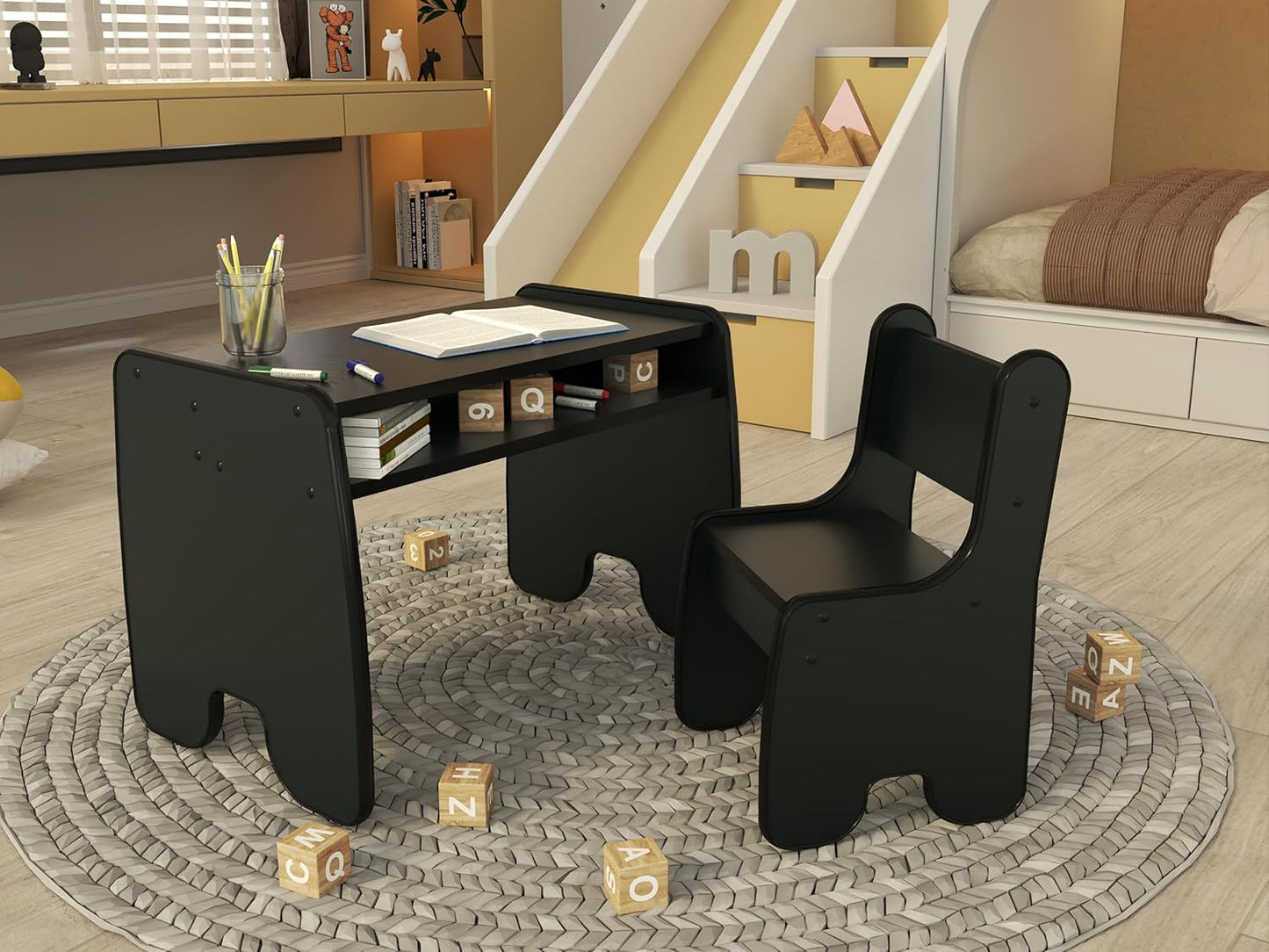 Kindertisch und Stuhl Set für Kinderzimmer, 1 Stuhl und Tisch Schwarz