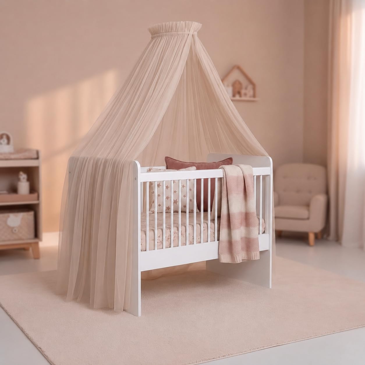 Betthimmel für Babybett, Nude ( Beige mit Leichtem Rosastich) Betthimmel ohne Bommel