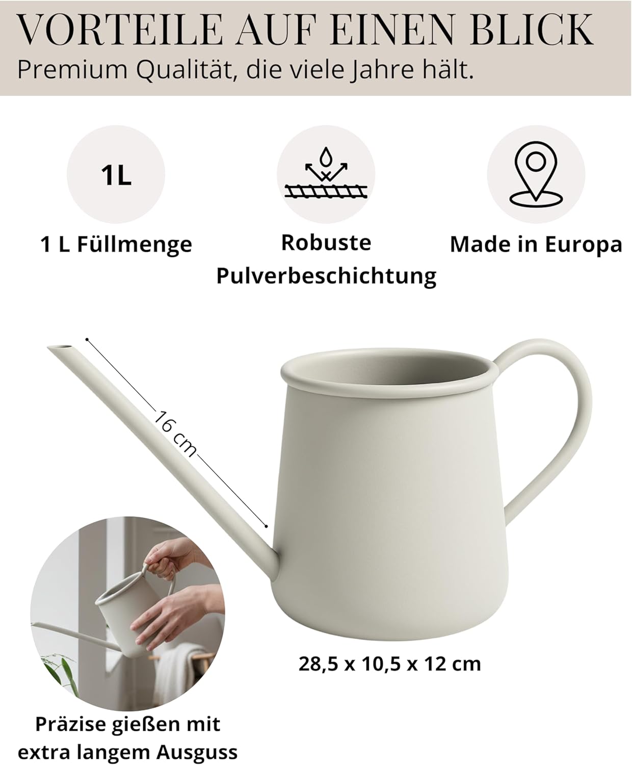 Giesskanne für Zimmerpflanzen (1L, Metall), Greige