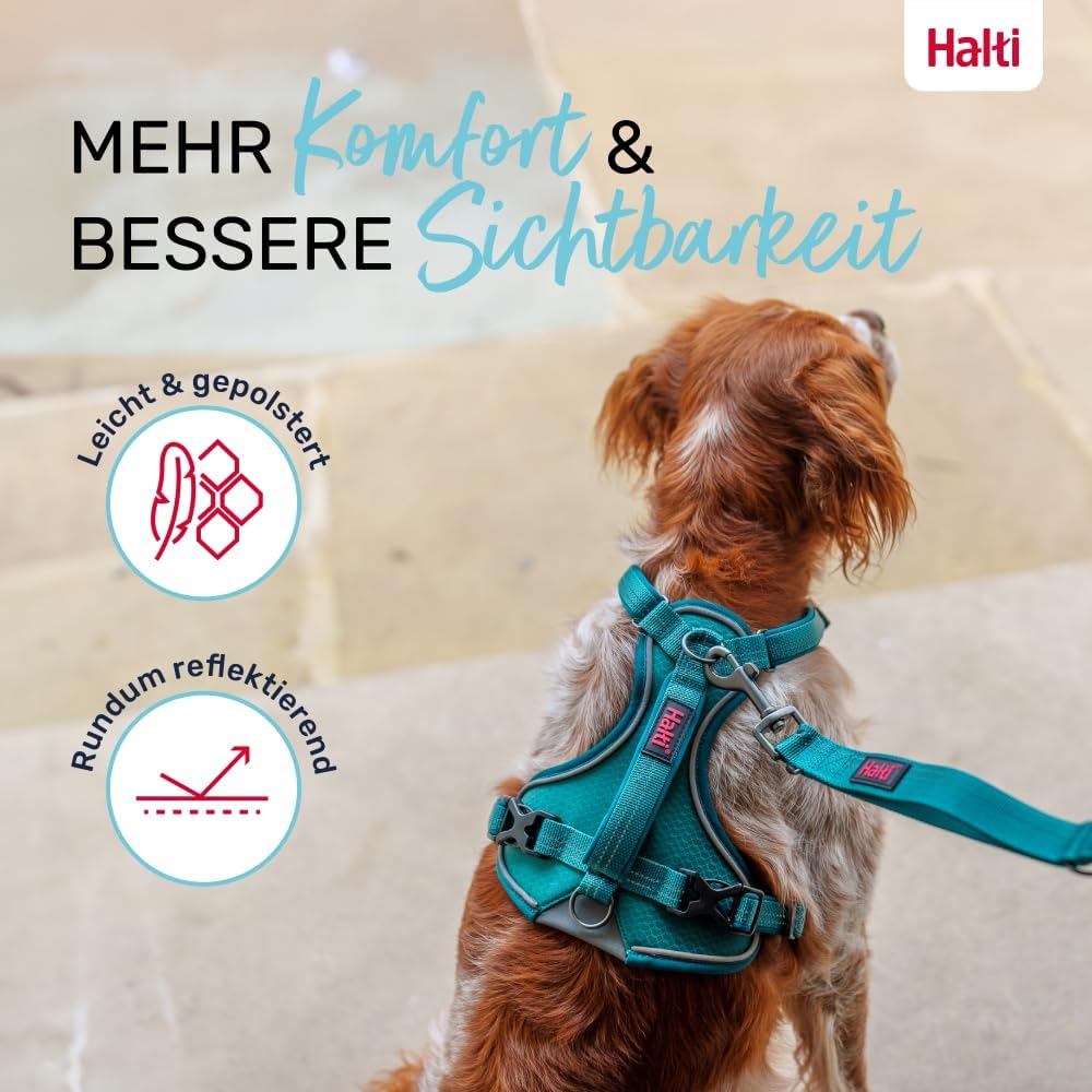 Halti Anatomie Hundegeschirr mit Griff, 3 Leinenpunkte, verstellbar, reflektierend, Blaugrün XS