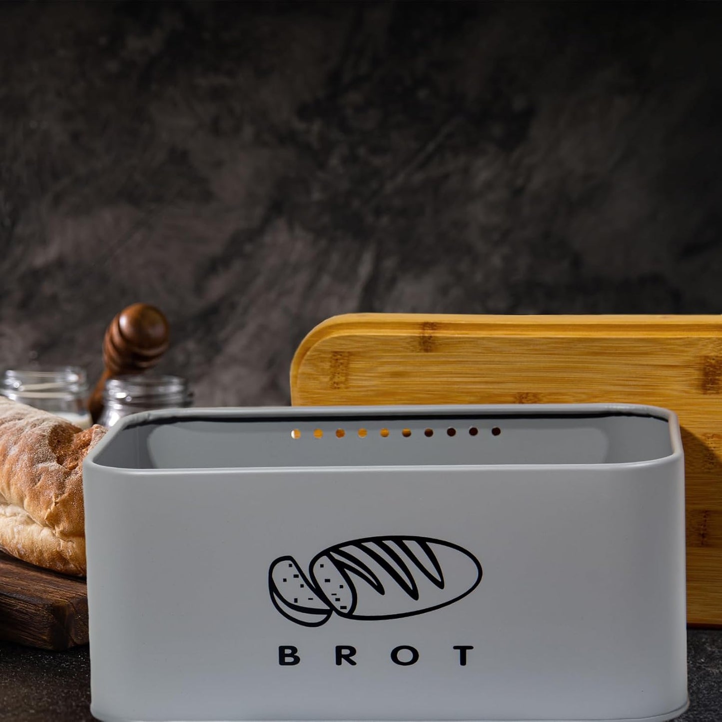 Retro Brotkasten mit Bambusdeckel, Grau-30cm