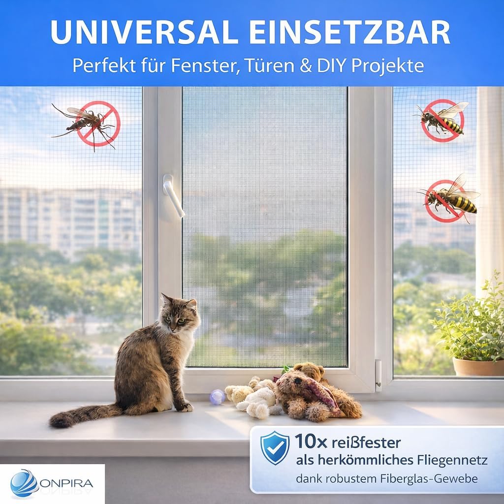 Fliegennetz Meterware für Fenster & Türen, Weiss 150cm x 10m