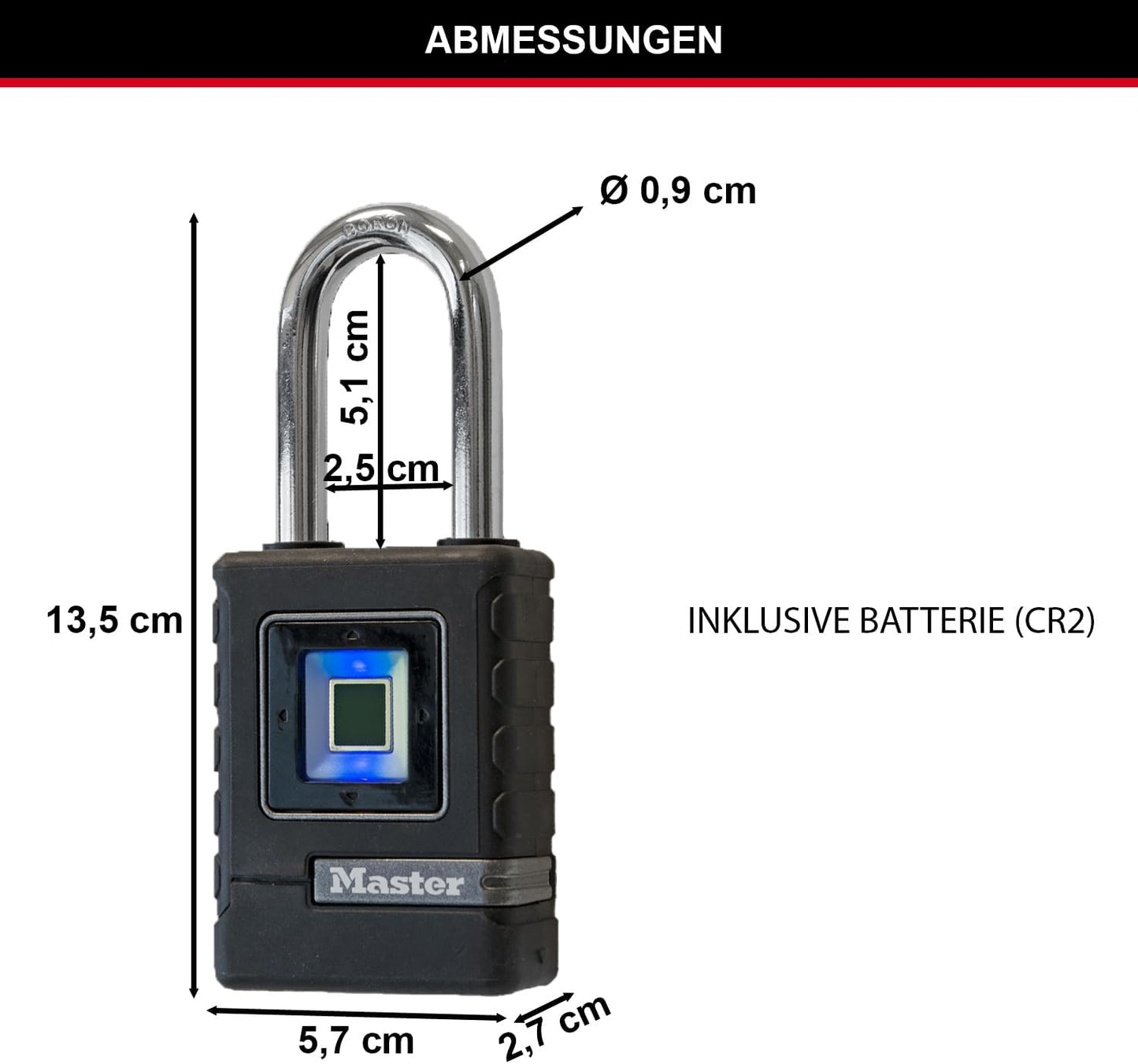 Vorhängeschloss 4901EURDLHCC mit Fingerabdruckerkennung, Medium Bügel + Biometrisch (Fingerabdruck)