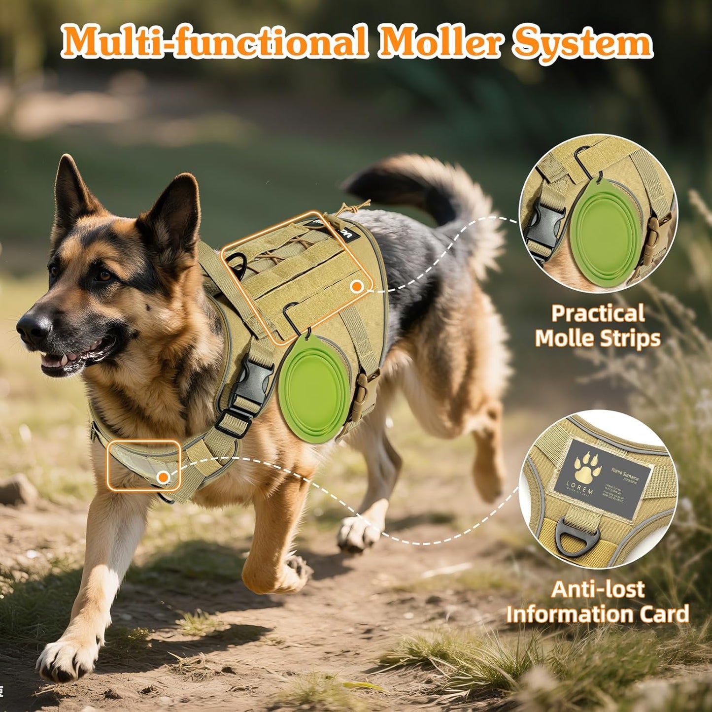 Taktisches Hundegeschirr, Armee Gelb S: 18-35 Pfund (Brust:19,6-31,5",Hals:11-19,6")