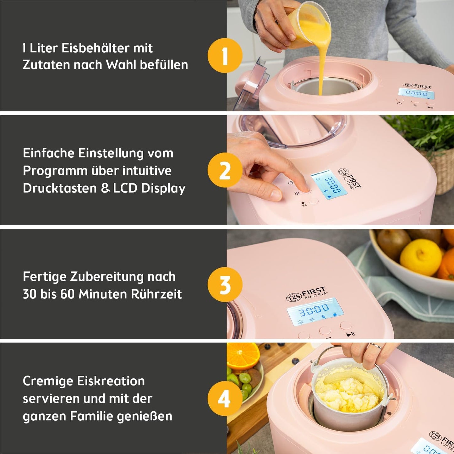 3-in-1 Eismaschine mit Kompressor FA-5105-PI, Rose