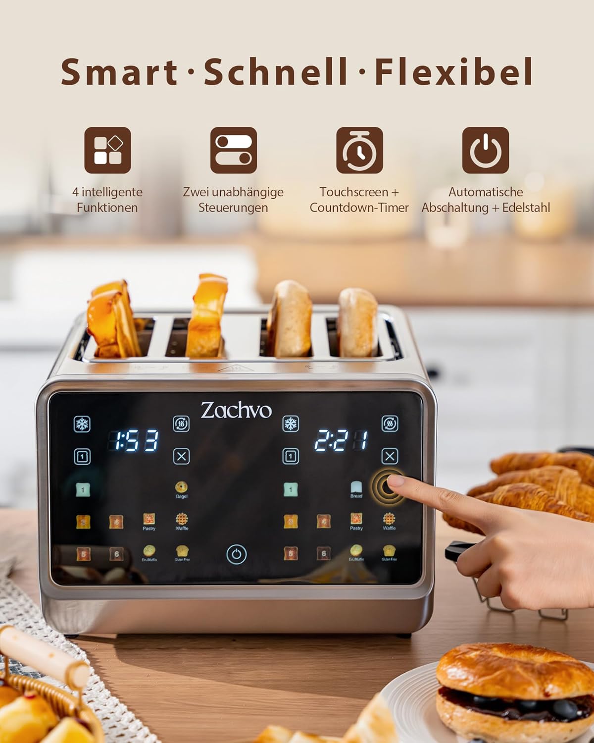 Edelstahl-Toaster mit Touchscreen & LED Countdown, Silber Sandwichhalter & Brötchenaufsatz