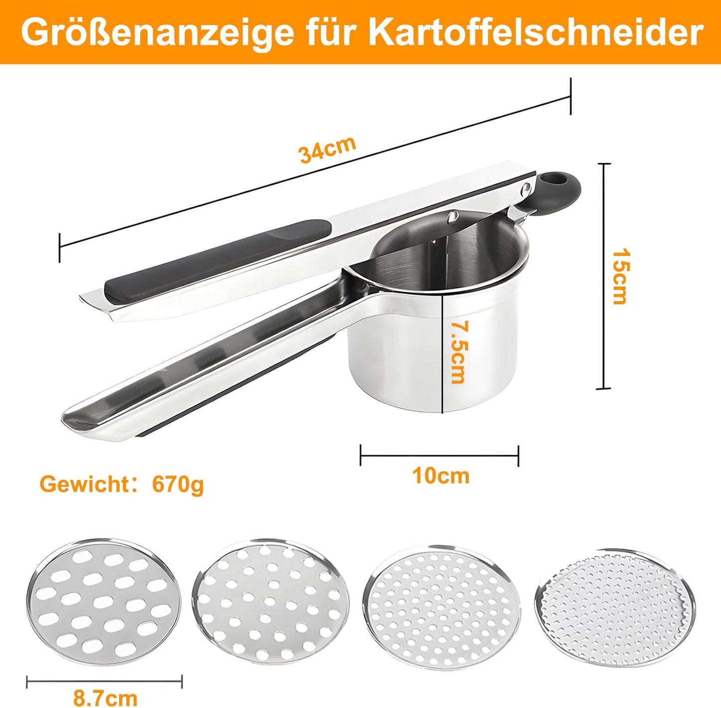 Kartoffelpresse mit 4 Schneidplatten und Zubehör