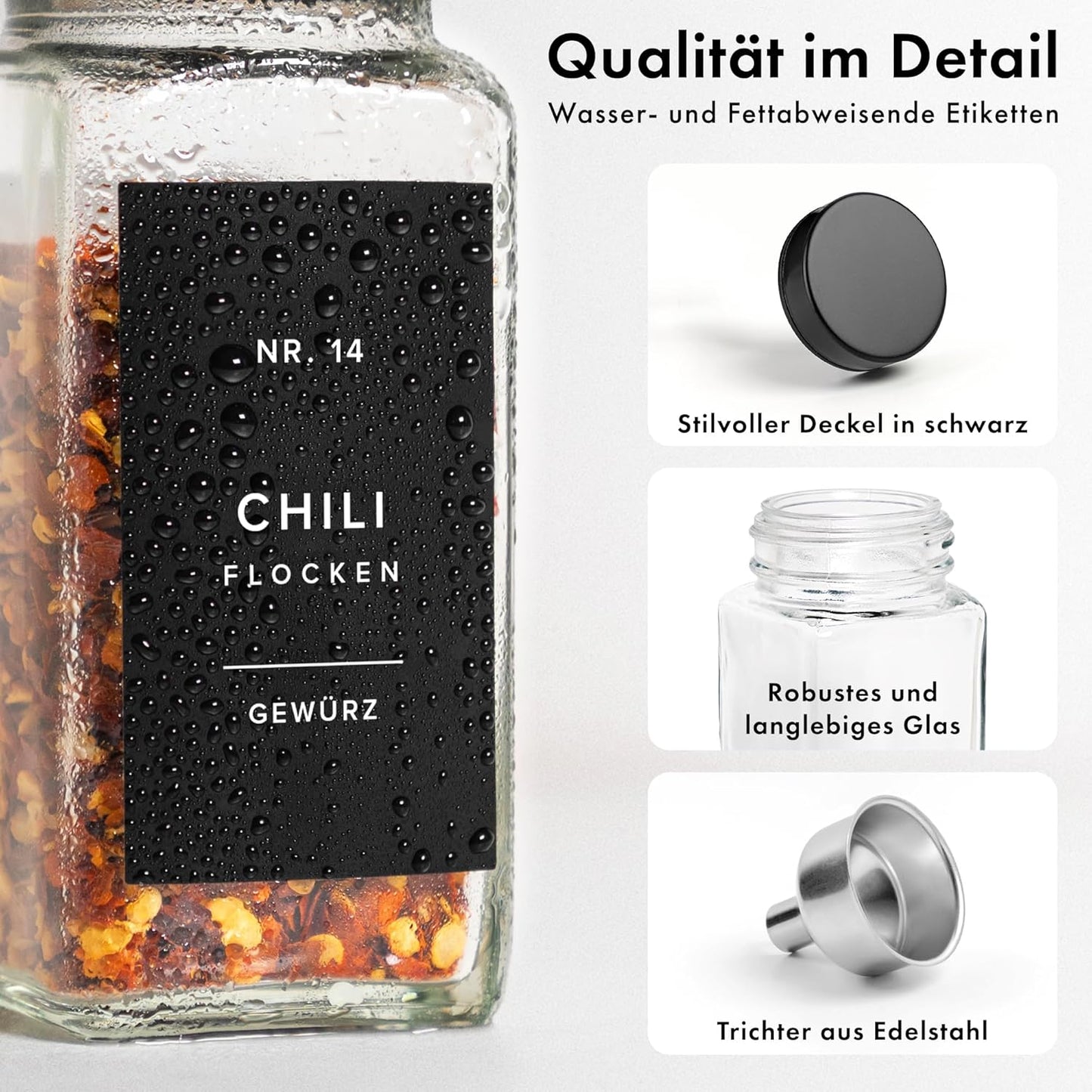 24-teiliges Gewürzgläser-Set mit Streueinsatz, Schwarzer Edelstahl Deckel