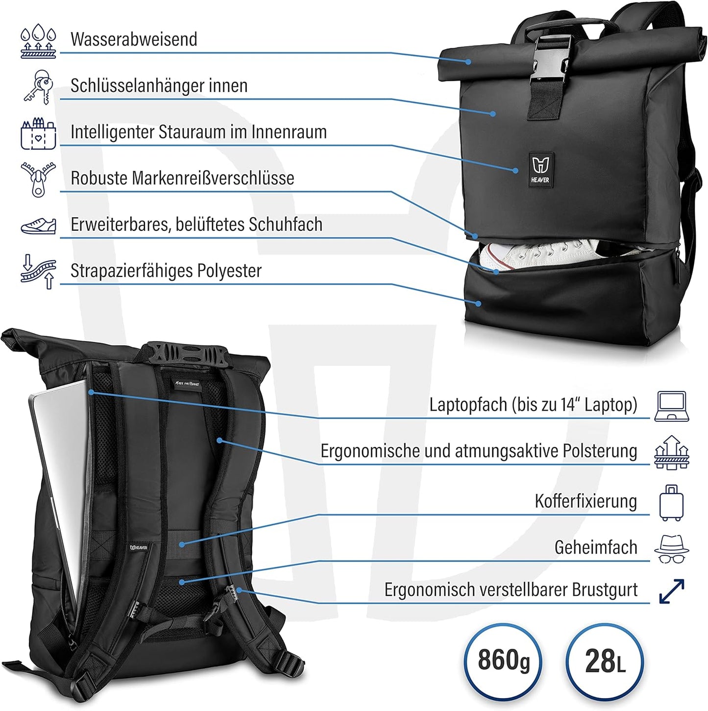 Rolltop Rucksack mit Laptopfach, Schwarz